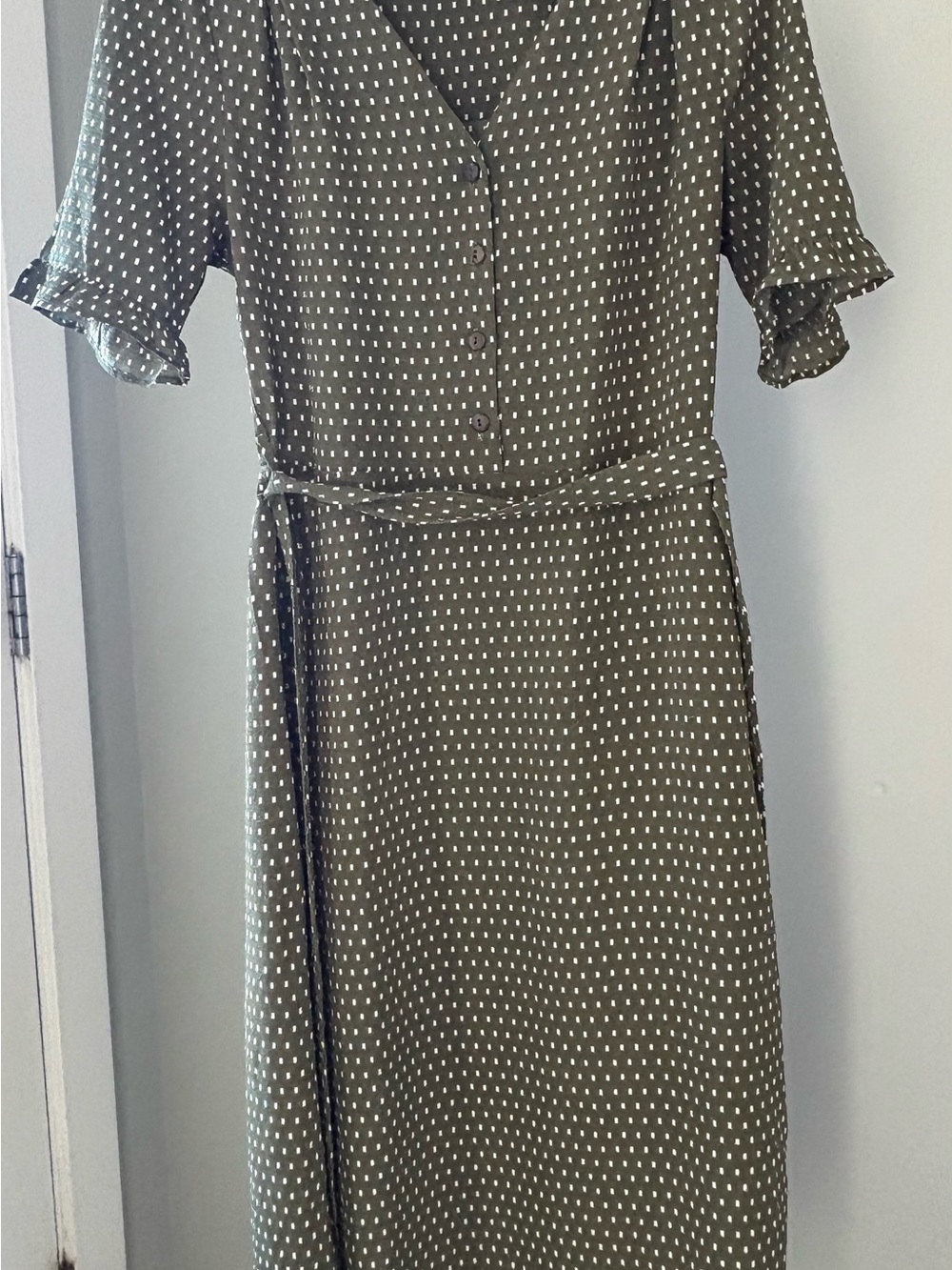 Monteau Olive Midi Dress with White Dot Print and Self-Tie Waist